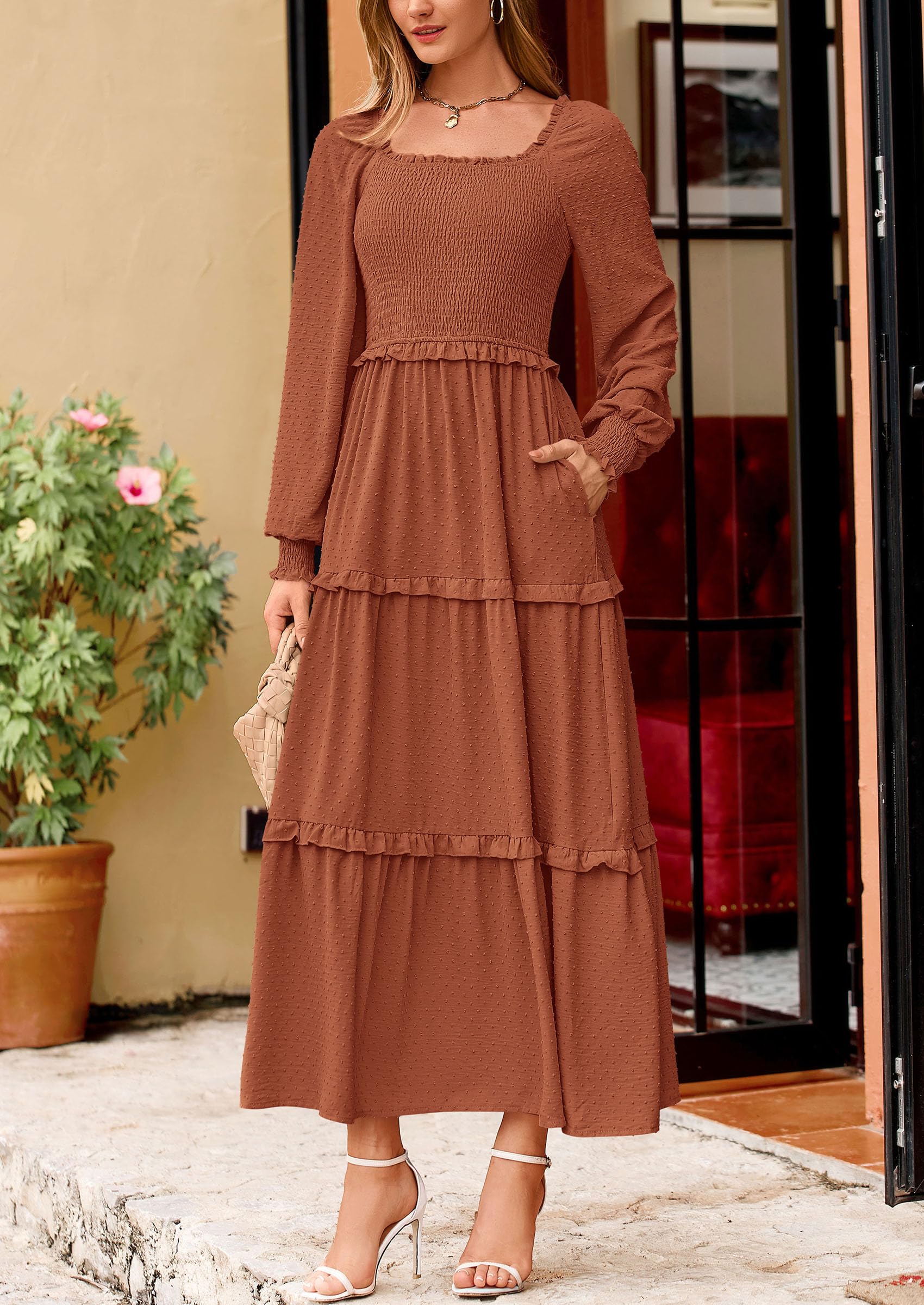 PRETTYGARDEN Fall Dresses for Women 2025 Long Sleeve Smocked Square Neck Swiss Dot Tiered Flowy Wedding Guest Maxi Dress (Brown,Large)