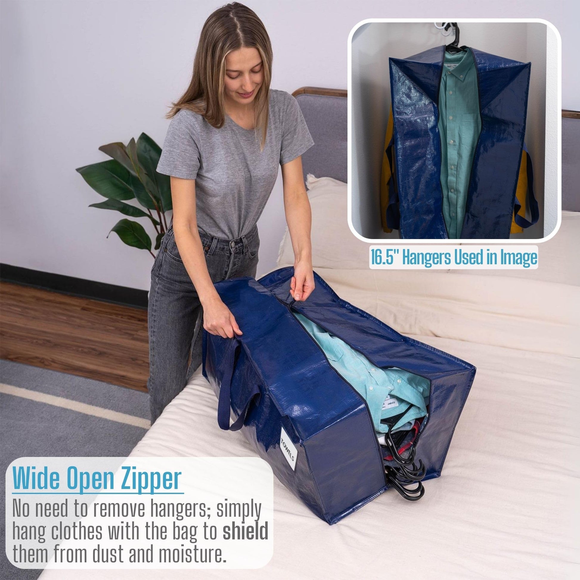 VENO 8 Pack Moving Bags w/Backpack Straps, Heavy Duty, Moving Boxes Alternative, Packing Supplies, Large Storage Totes for Dorm Room Essentials with Zipper for Clothes (Blue, 8 Pack)