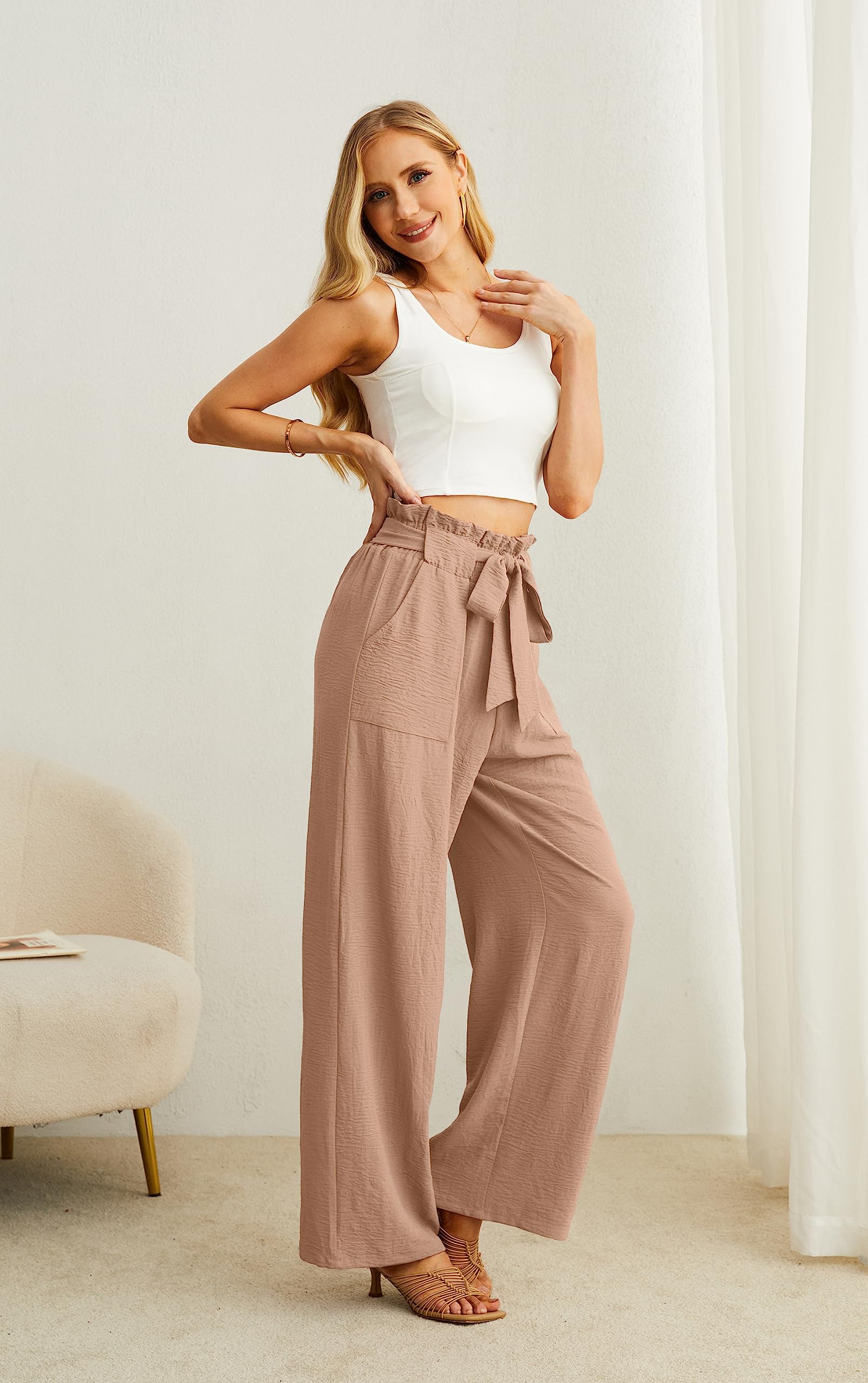 IWOLLENCE Women's Wide Leg Pants with Pockets High Waist Adjustable Knot Loose Casual Trousers Business Work Casual Pants Khaki Medium