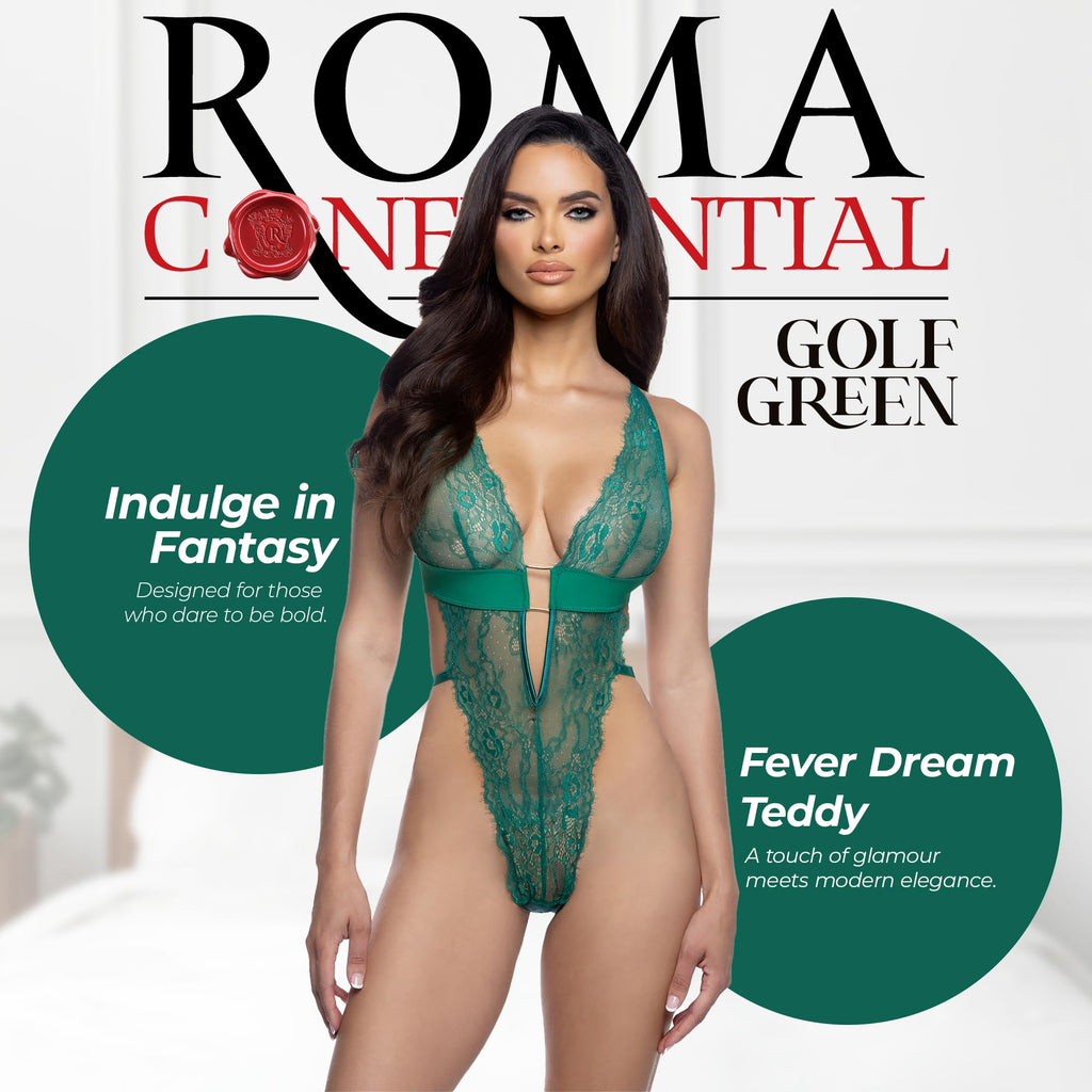 Roma Confidential Lace Teddy Lingerie for Women Fever Dream Sexy Teddy Bodysuit One Piece, Stretch Satin & Lace, Golf Green