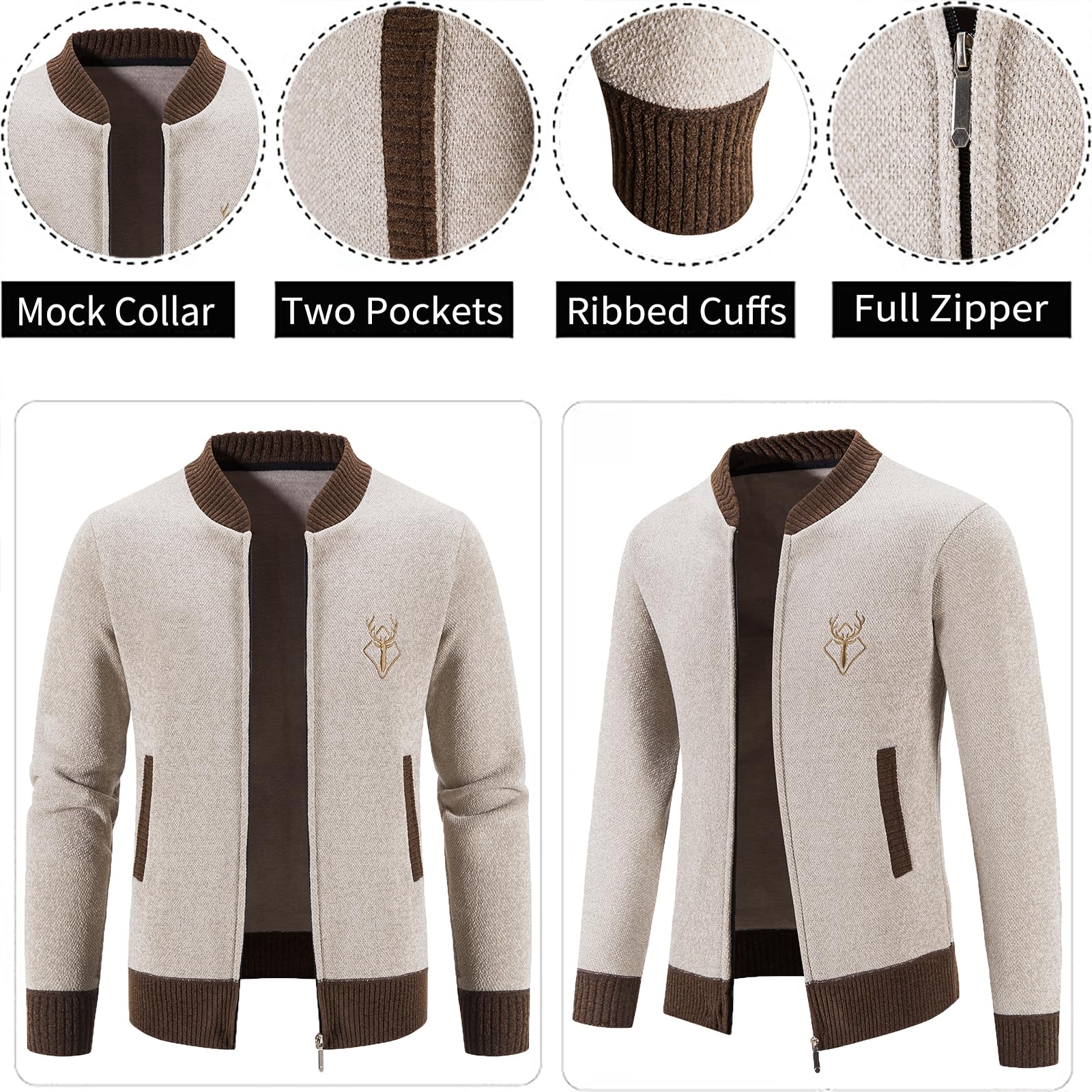 Mylldey Mens Casual Full Zip Cardigan Sweaters Cable Knit Jacket Sweater Men, US Size(OffWhit-XXL)