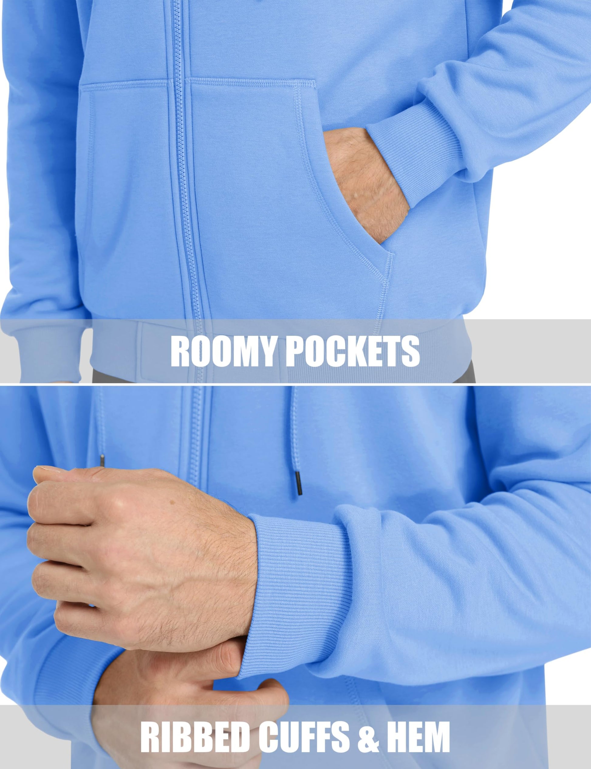 MAGCOMSEN Fleece Hoodie Men Full Zip Athletic Long Sleeve Hooded Sweatshirts with Pockets Lightweigt Zip Hoodie Men Light Blue L