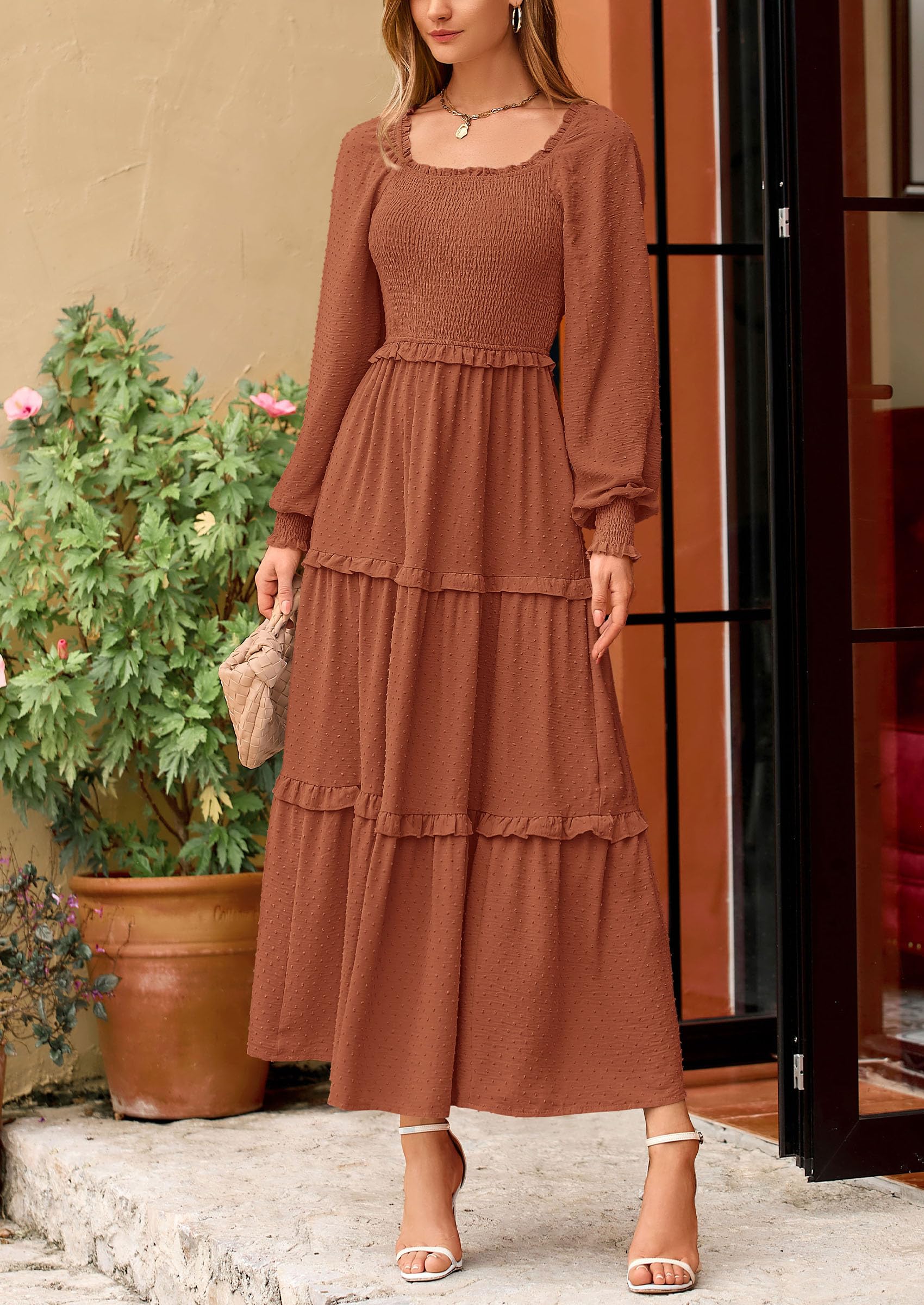 PRETTYGARDEN Fall Dresses for Women 2025 Long Sleeve Smocked Square Neck Swiss Dot Tiered Flowy Wedding Guest Maxi Dress (Brown,Large)
