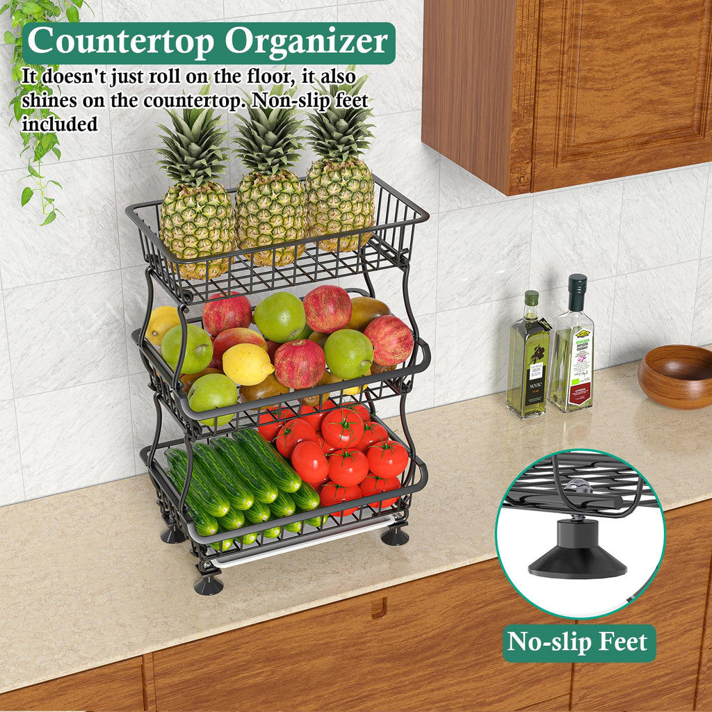 OKZEST 3-Tier Rolling Pantry Floor Organizer and Storage Cart with Wheels, Stackable Wire Pantry Baskets for Pantry Shelves, Kitchen Fruit Basket Stand and Storage Rack for Fruit Snack Onion Potato