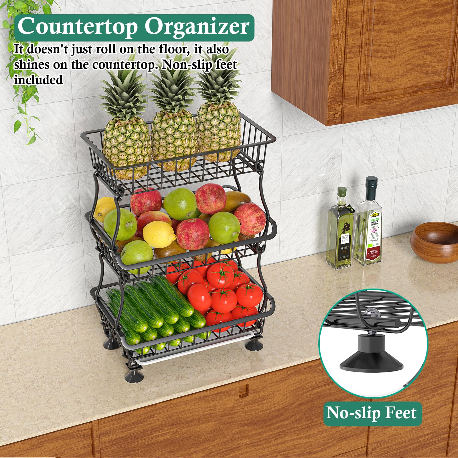 OKZEST 3-Tier Rolling Pantry Floor Organizer and Storage Cart with Wheels, Stackable Wire Pantry Baskets for Pantry Shelves, Kitchen Fruit Basket Stand and Storage Rack for Fruit Snack Onion Potato