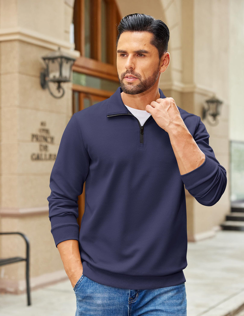 COOFANDY Mens Sweaters and Pullovers Light Weight 1/4 Zip Polo Sweatshirts Soft Stylish Quilted Sweatshirt Navy Blue