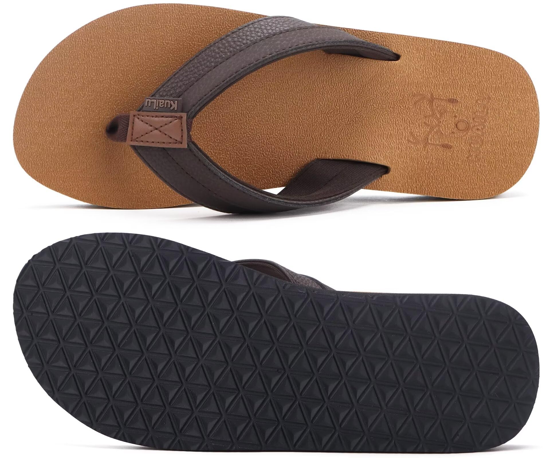 KuaiLu Mens Leather Flip Flops Arch Support Summer Beach Pool Water Thong Sandals Waterproof Essentials Walking Shoes Slip on Orthotic Casual Sport Cushioned Wide Slides Shower Slippers Khaki Size 11