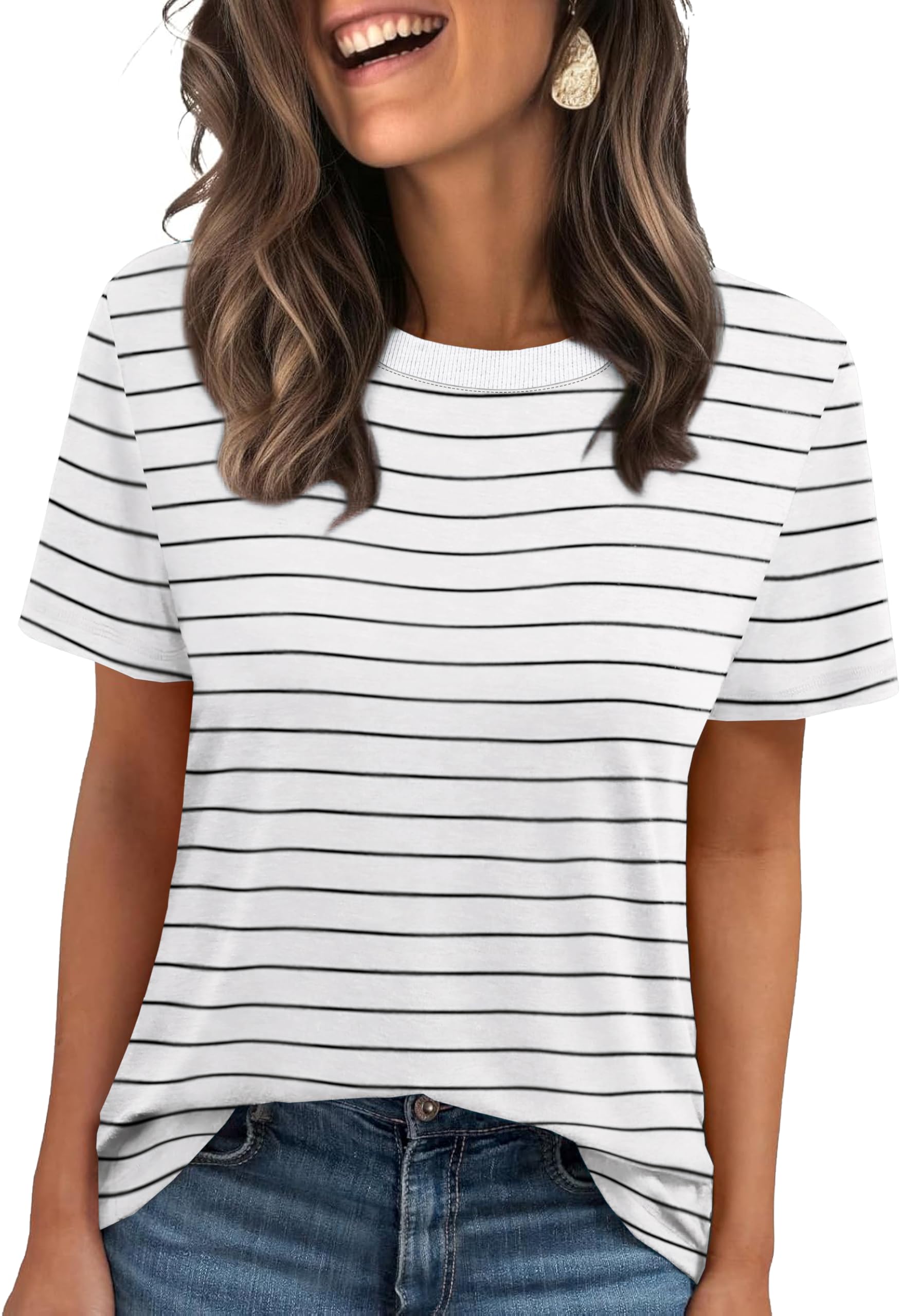 Womens Tops Casual Short Sleeve White Striped T Shirts for Summer M