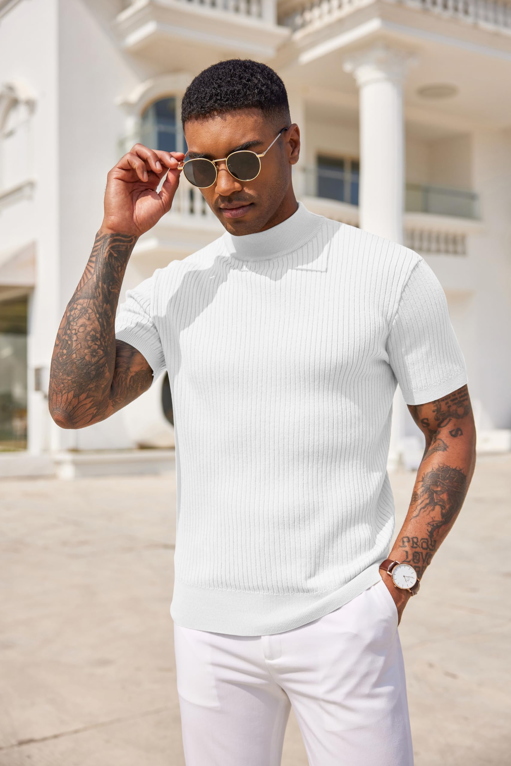 COOFANDY Men's Mock Turtleneck Knit Sweater Short Sleeve Pullover Casual Basic Tops Solid Tee White Sweater