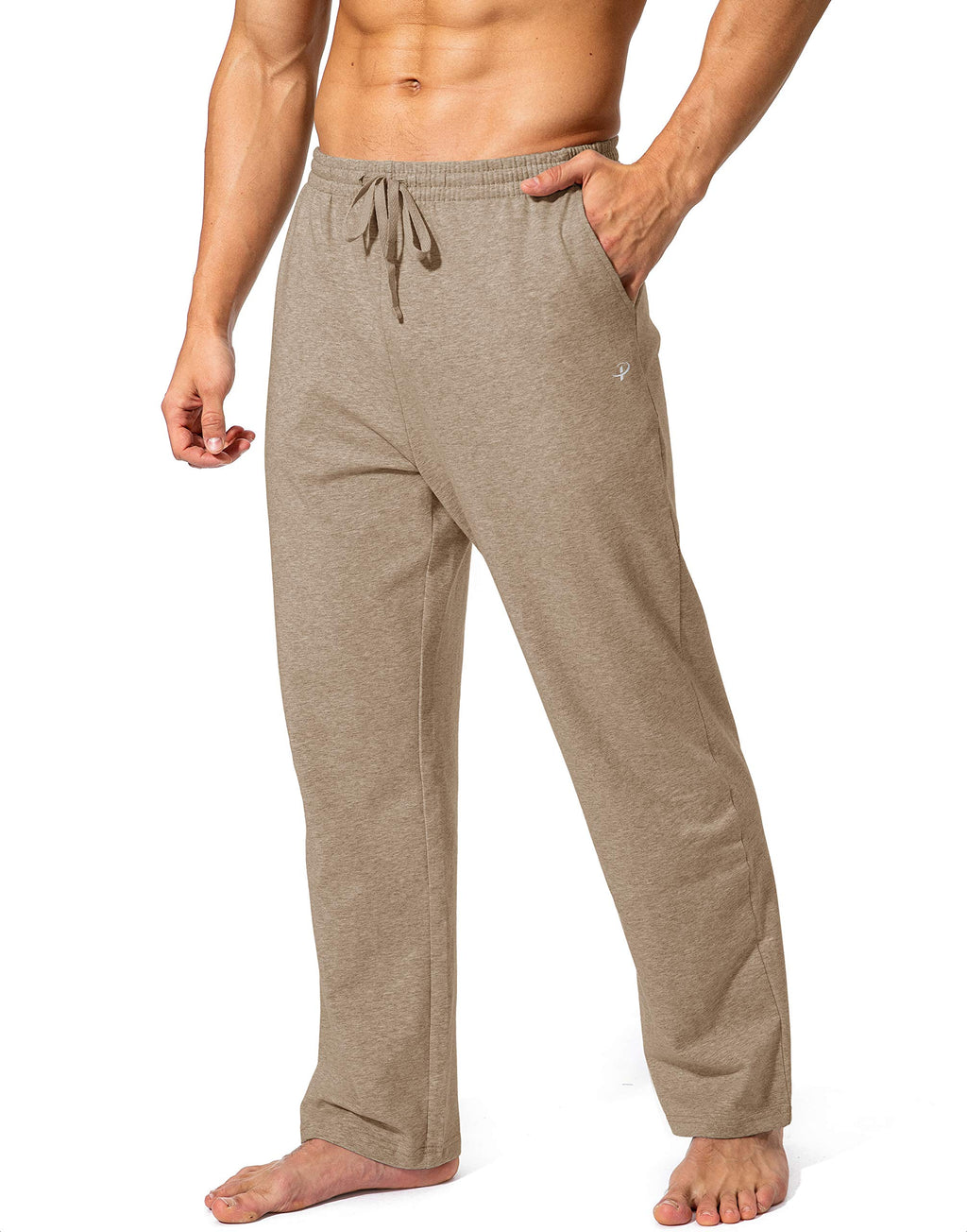 Pudolla Men's Cotton Yoga Sweatpants Athletic Lounge Pants Open Bottom Casual Jersey Pants for Men with Pockets (Khaki X-Large)
