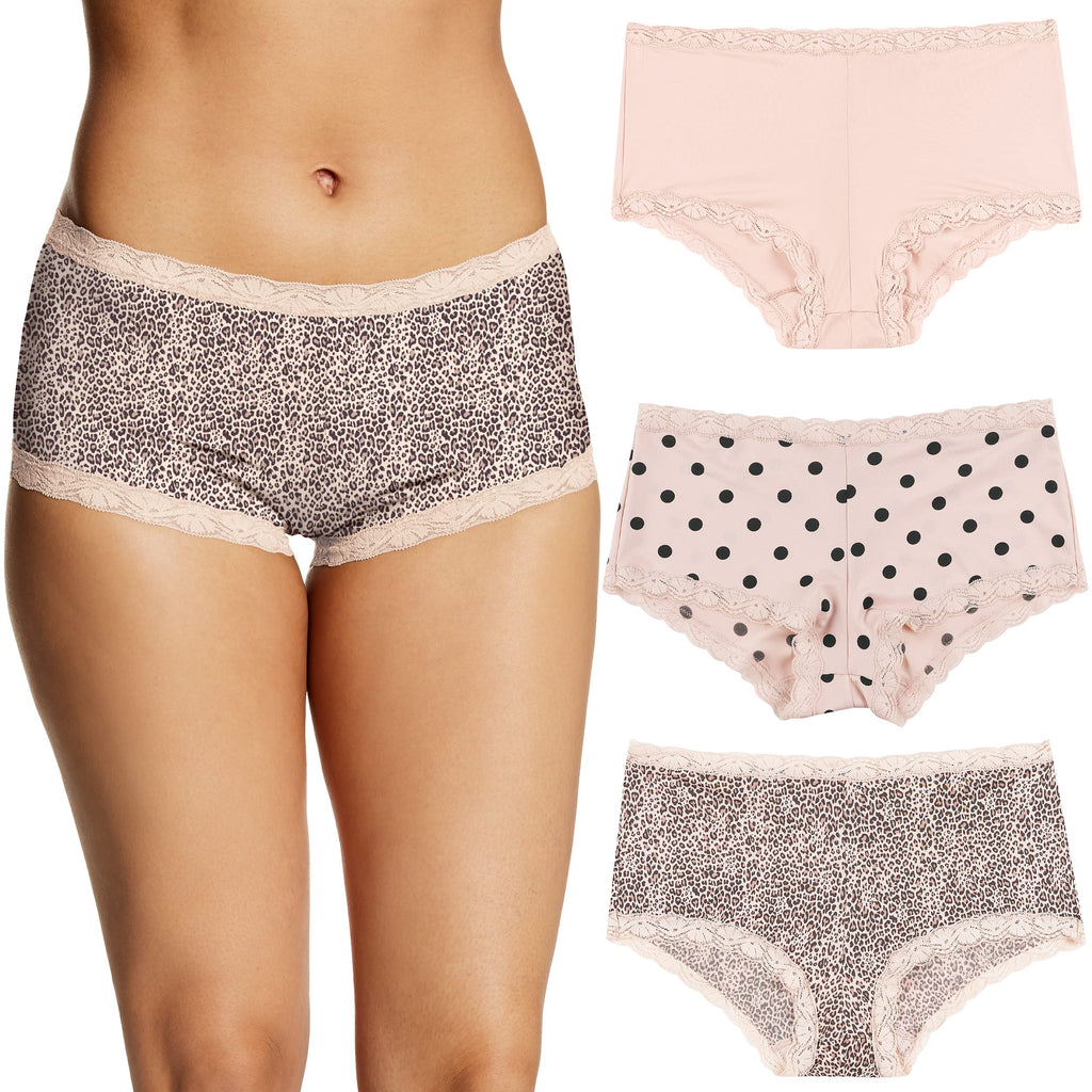 Maidenform Women's Underwear, Microfiber with Lace Boyshort Panties, One Fab Fit, 3-Pack, Sandshell/Modern Dot/Leopard Print