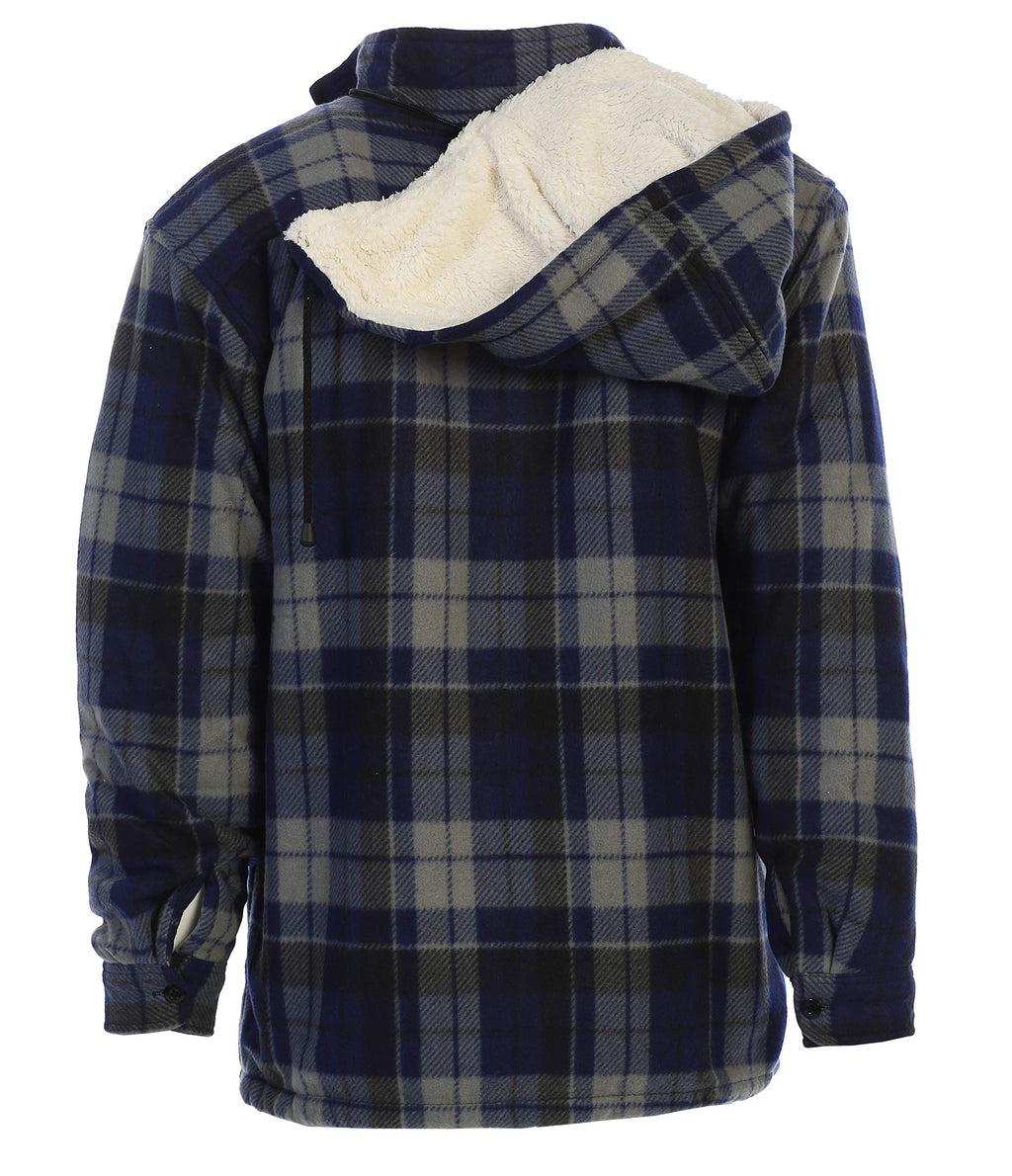 Gioberti Mens Sherpa Lined Flannel Jacket with Removable Hood, Navy/Gray, L