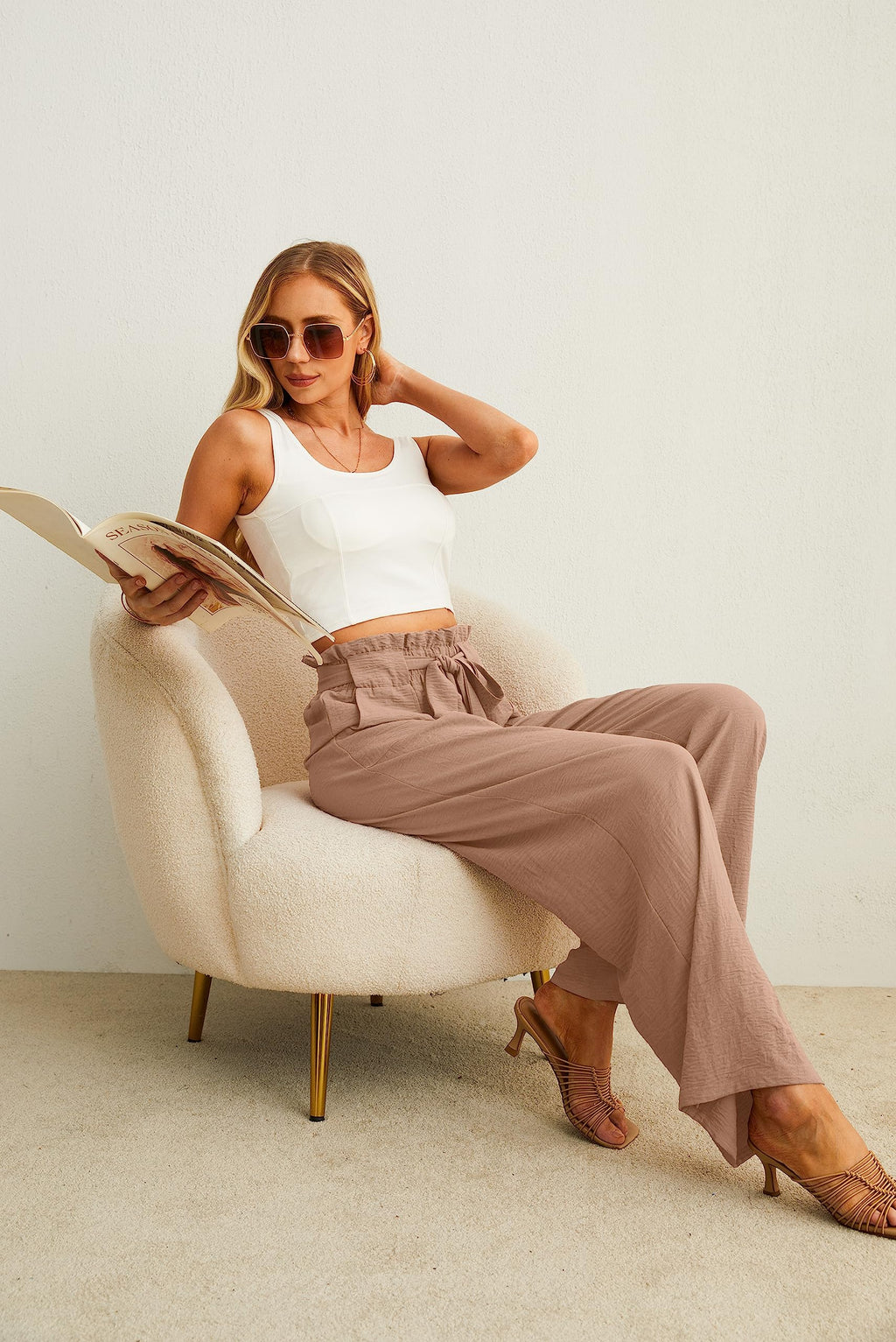 IWOLLENCE Women's Wide Leg Pants with Pockets High Waist Adjustable Knot Loose Casual Trousers Business Work Casual Pants Khaki Medium