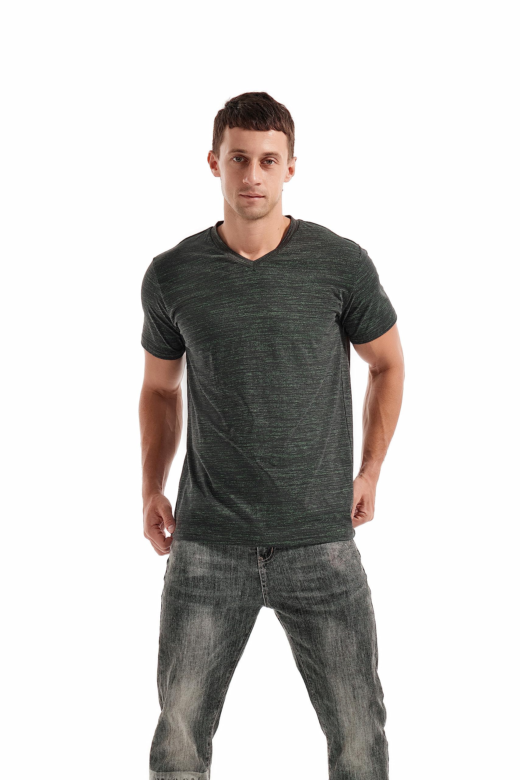 KLIEGOU Men's V Neck T Shirts - Casual Stylish Fitted Tees for Men 1 Black-Green XXL