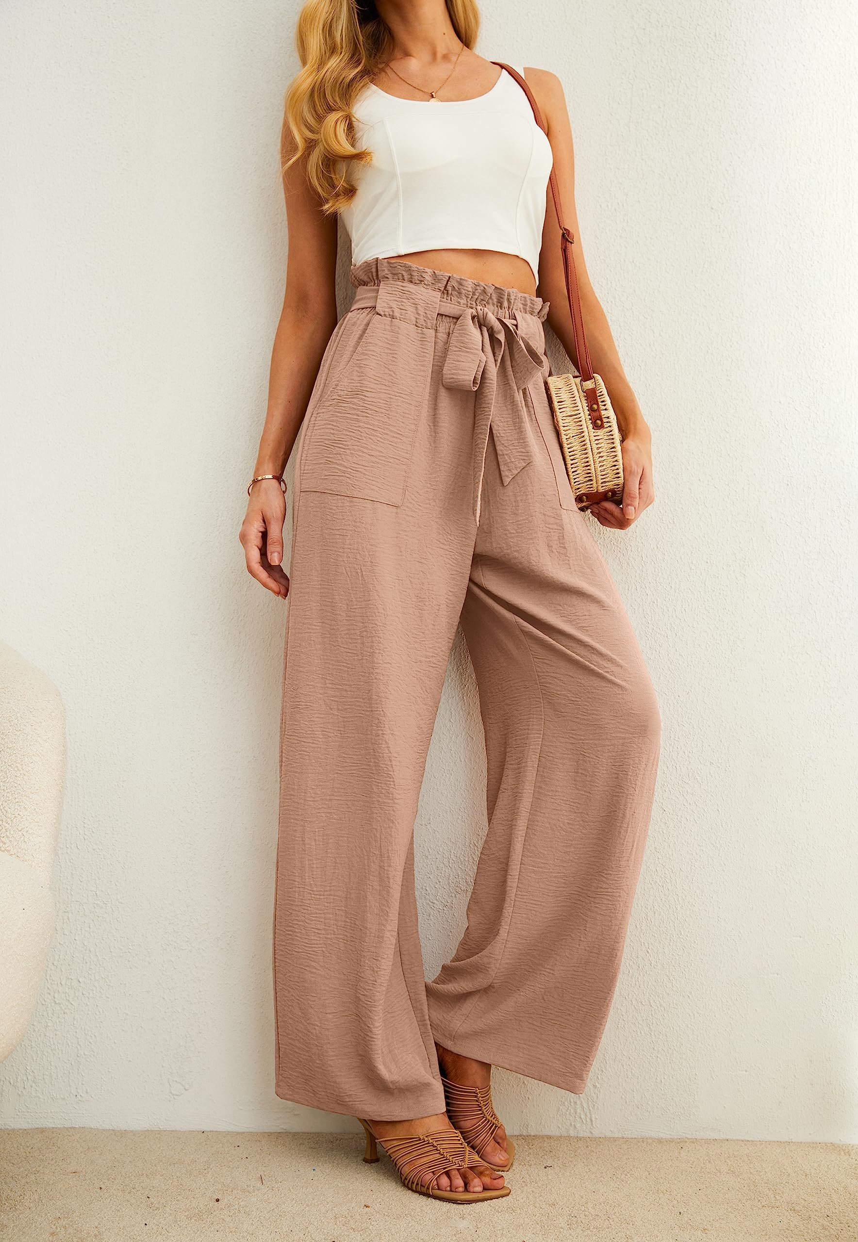 IWOLLENCE Women's Wide Leg Pants with Pockets High Waist Adjustable Knot Loose Casual Trousers Business Work Casual Pants Khaki Medium