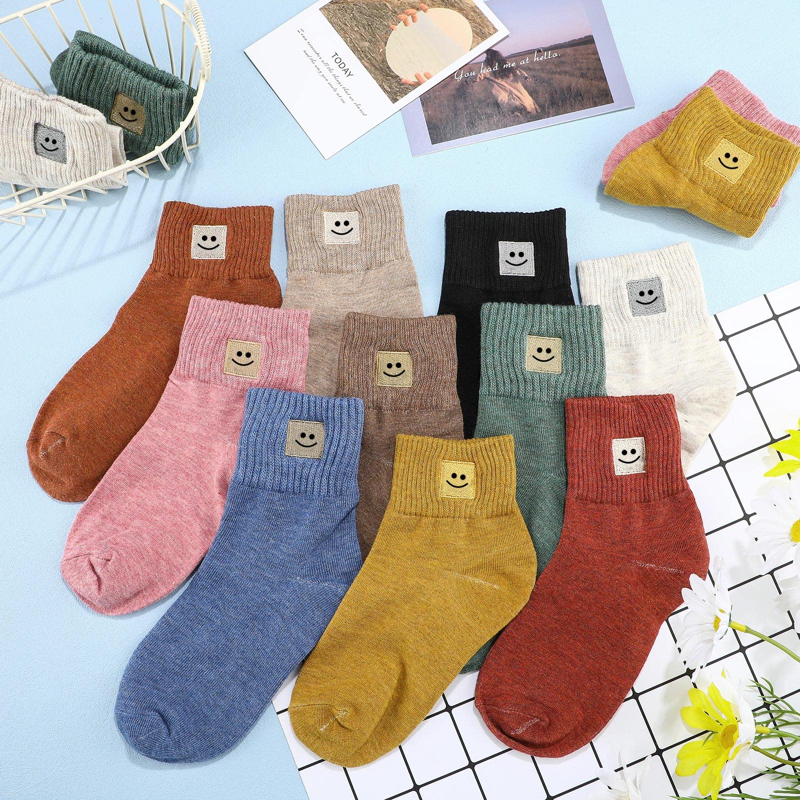 Eurzom 10 Pairs Socks Womens Crew Elastic Ankle Length Cotton Socks Aesthetic Cute Lightweight Low Cut Gifts for Women(Smile)