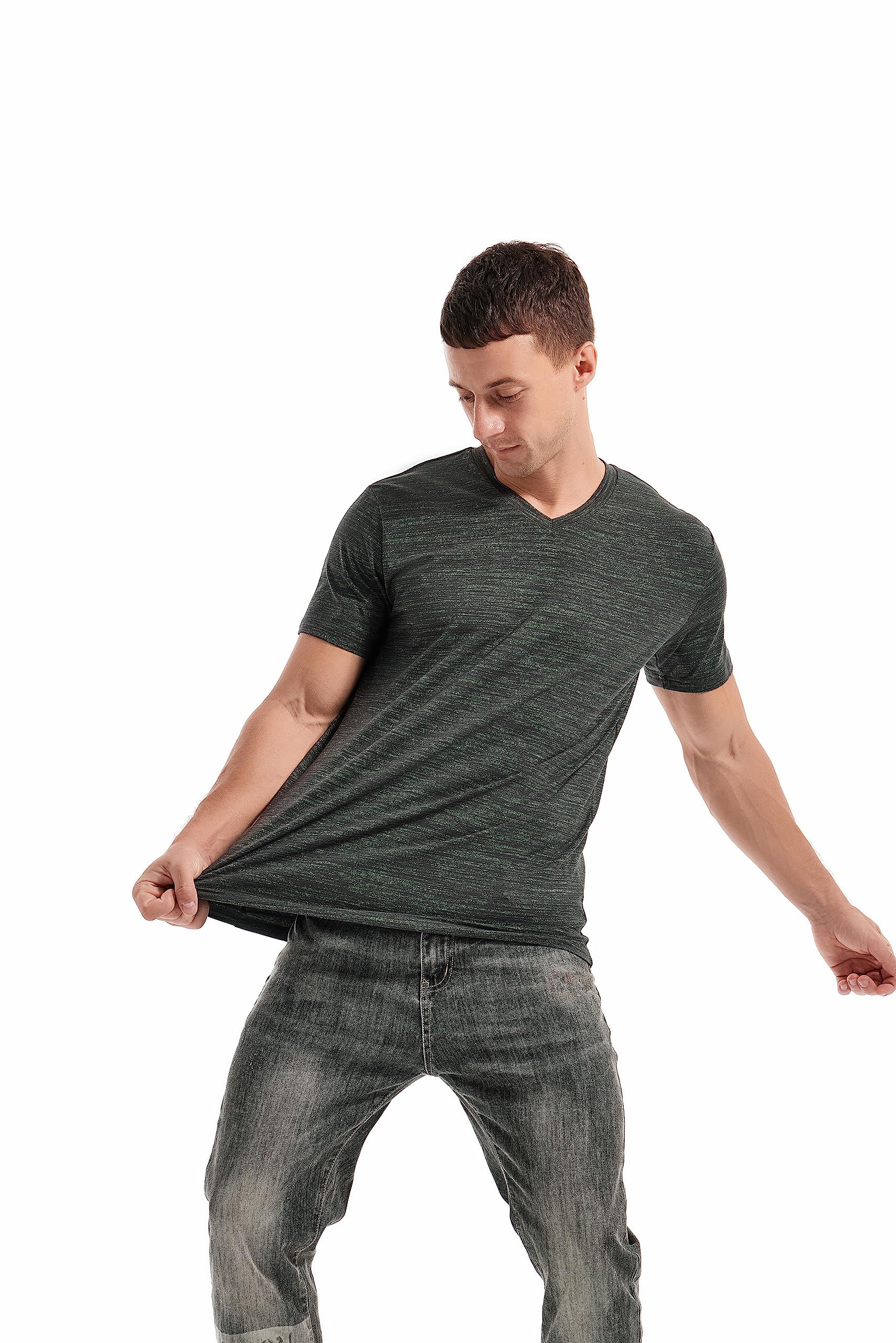 KLIEGOU Men's V Neck T Shirts - Casual Stylish Fitted Tees for Men 1 Black-Green XXL