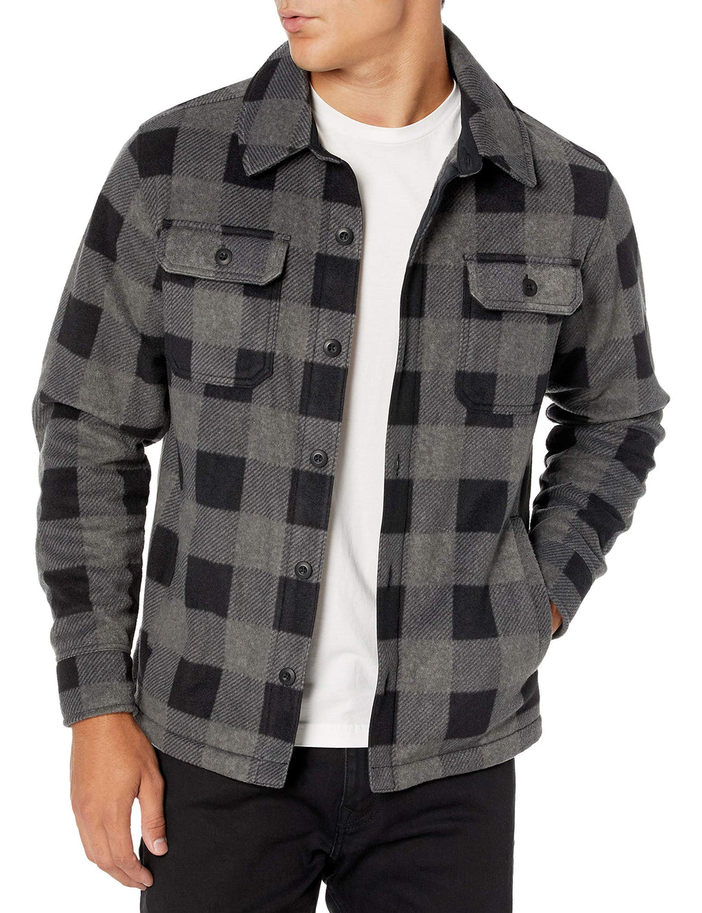 Amazon Essentials Men's Long-Sleeve Polar Fleece Shirt Jacket for Winter, Black Charcoal Buffalo Plaid, X-Large