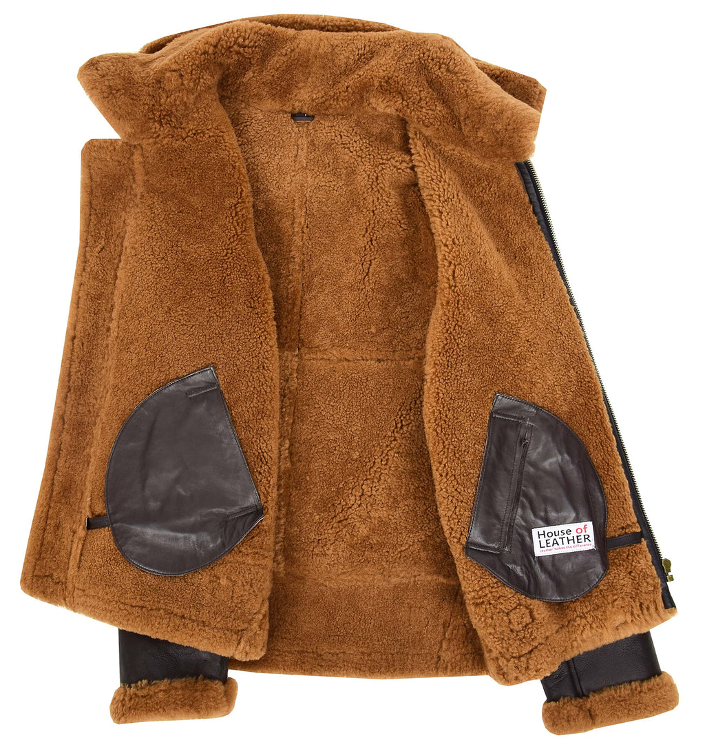 Mens B3 Sheepskin Jacket Detachable Hoodie Shearling Ruben Brown Ginger (2XL)