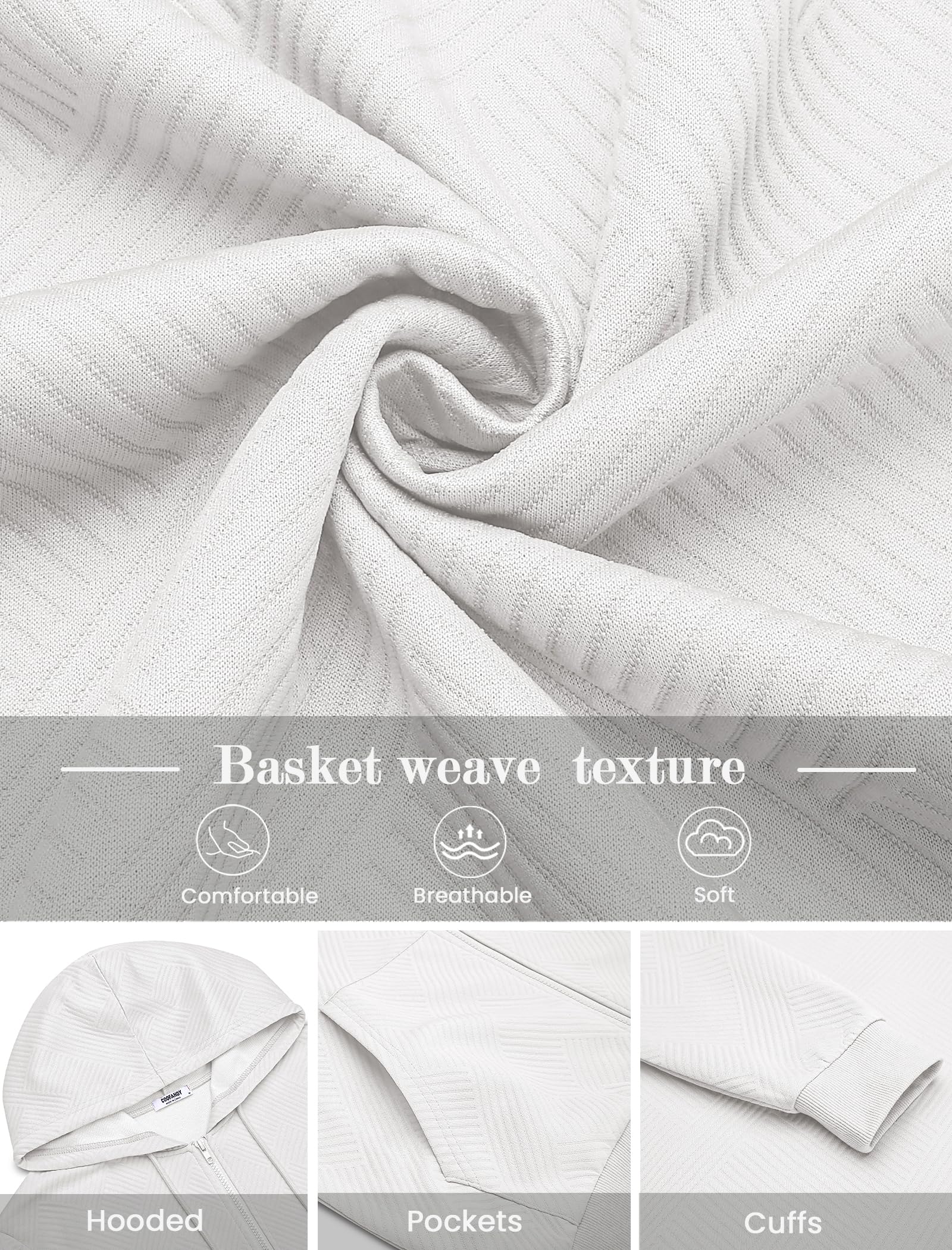 COOFANDY Zip Hoodies For Men Lightweight Zip Up Hoodies Long Sleeve Fashion Knit Hoodie With Pocket, White, Small