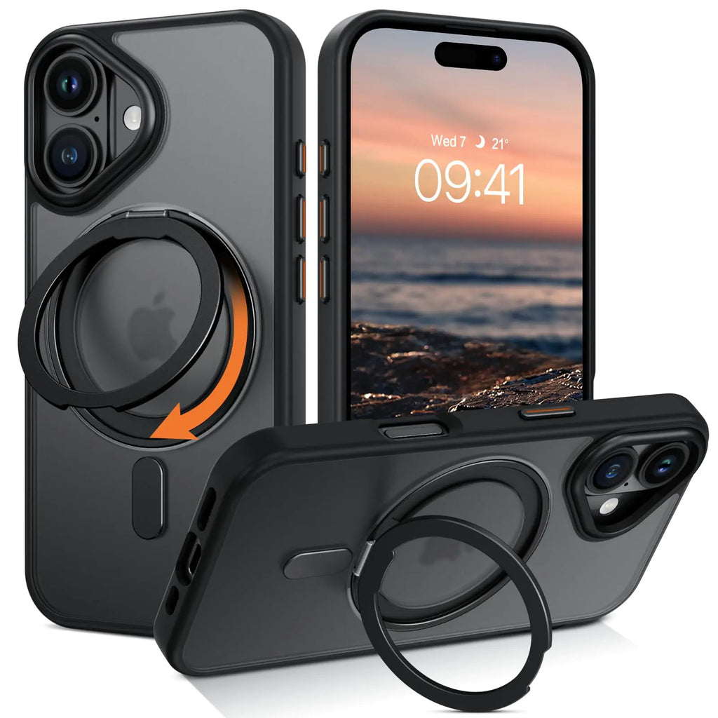 GUAGUA for iPhone 16 Case with Stand iPhone 16 Magnetic Case with 360 Degree Rotatable Invisible Ring Protective Shockproof Kickstand Case for iPhone 16 6.1 inch-Translucent Black